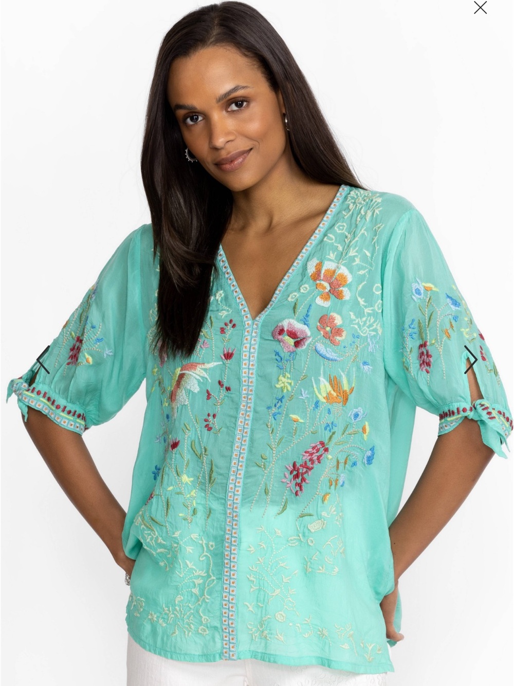 Johnny Was Aqua Embroidered V-Neck Blouse 3X